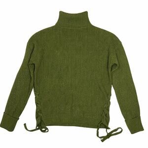 Lace Up Knit Long Sleeve Modern Cottagecore Olive Green Turtleneck Sweater Small